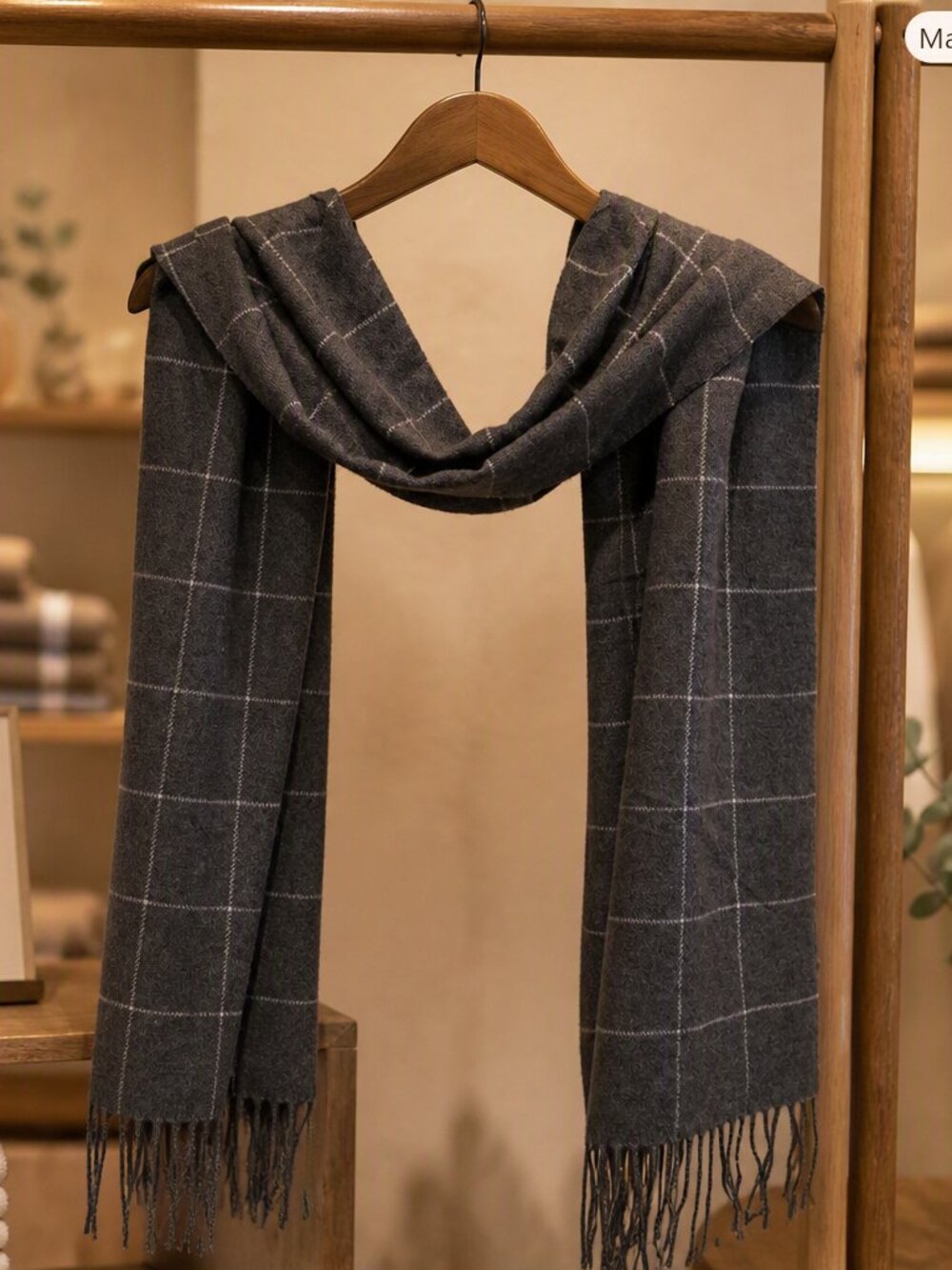 Grey Fringe Hem Plaid Scarf NWT